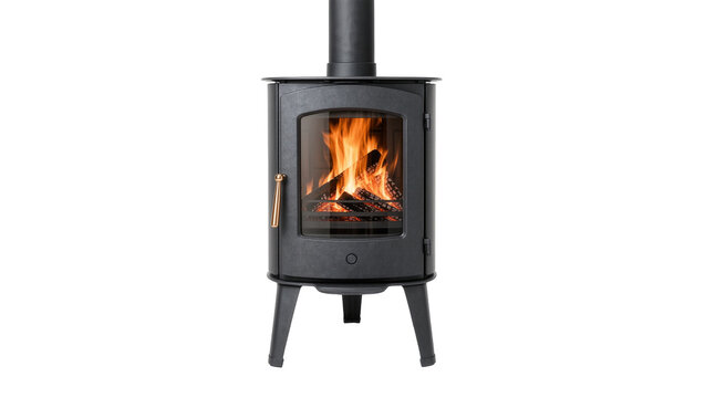 Black cast iron wood burning stove with glowing fire, isolated on transparent background