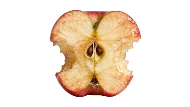 Half eaten red apple core with visible seeds, isolated on transparent background