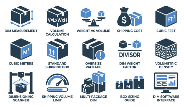 Set of logistics and shipping dimension icons showing volume calculation boxes weight measurement and package sizing Editable Solid Fill Vector Icon Pack