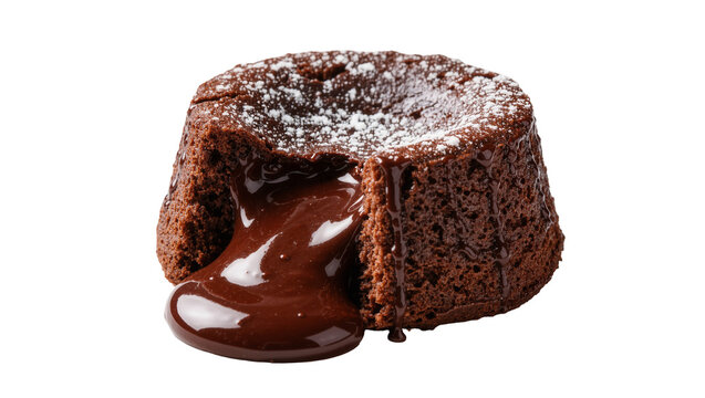 Molten chocolate lava cake with powdered sugar, isolated on transparent background