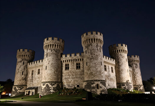 Heritage tourism and historical architecture, medieval castle fortress illuminated at night under a starry sky for travel and cultural exploration