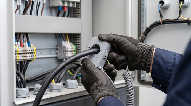 Electrician performing careful maintenance with current clamp meter measuring electric cable to verify load for power system safety
