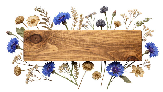 Rustic wooden plank framed by dried wildflowers and cornflowers, isolated on transparent background