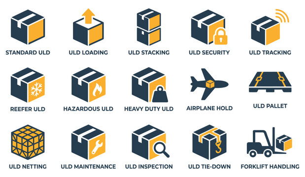 Set of isometric icons for air cargo unit load device uld logistics shipping transport and warehouse management Editable Solid Fill Vector Icon Pack