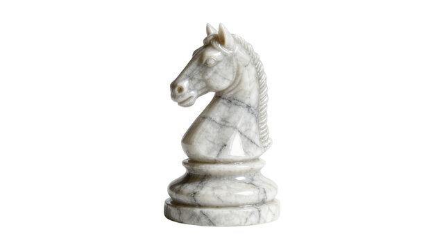 Marble chess knight piece with intricate veining, isolated on transparent background