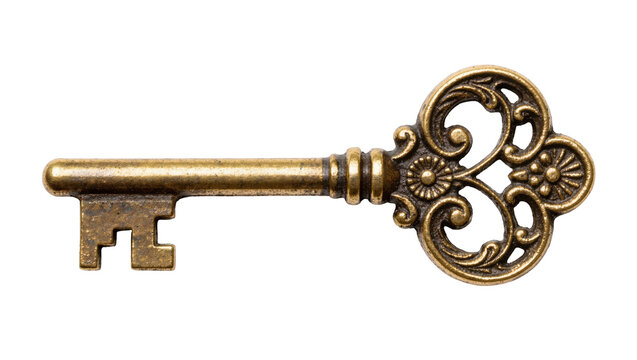 Antique ornate brass skeleton key with decorative bow, isolated on transparent background