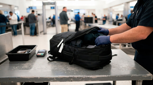 Airport security check with traveler unpacking bag and placing items on table, security personnel examining contents in busy airport terminal, focus on travel security procedures.