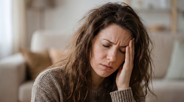 Stressed young woman holding her head with a headache sitting on a couch in the living room mental health tired woman worried woman