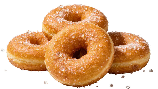 Golden brown sugar donuts piled together, isolated on transparent background