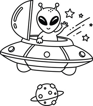 Alien piloting a flying saucer with planet cartoon illustration isolated on transparent background
