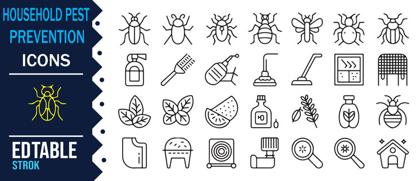 Household Pest Prevention Icons Set with Insect Control Home Protection and Cleaning Symbols