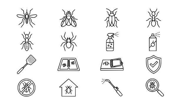 Home Pest Control and Insect Repellent Outline Icon Set