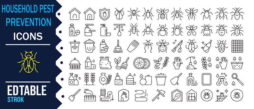 Household Pest Prevention Line Icons Collection for Insect Control and Home Protection
