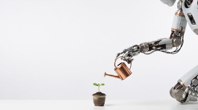Robot arm carefully waters a small green seedling in a pot symbolizing growth and future technology