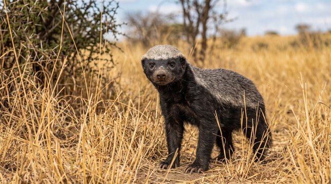 Wild Honey Badger Standing Alert in Dry Grassland Photo