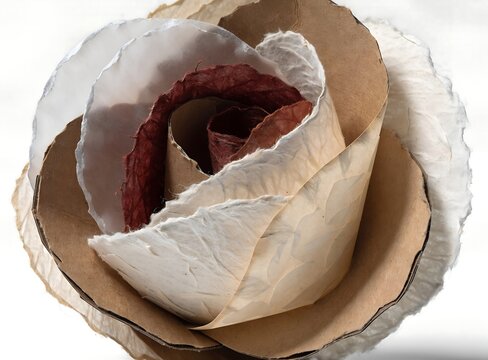 Handcrafted paper rose bud sculpture made with textured kraft and mulberry paper
