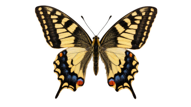 Detailed swallowtail butterfly with yellow black and blue markings, isolated on transparent background