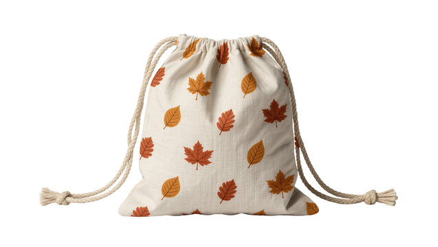 Natural fabric drawstring bag with autumn leaf pattern, isolated on transparent background