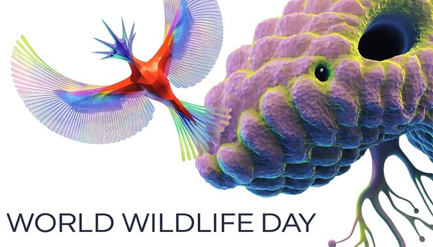 World Wildlife Day with animals in abstract colorful design cut out White background with shadow. AI GENERATED.