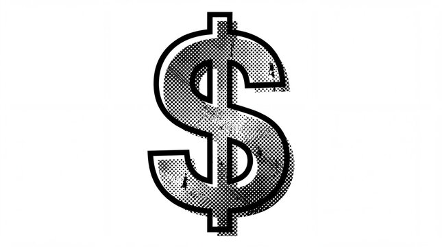 A stylized black and white dollar sign with a distressed grunge texture and a halftone pattern.