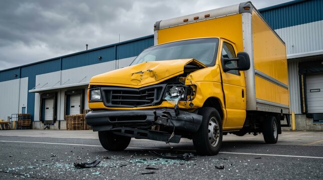 Yellow delivery van with severe front-end damage parked outside a large industrial warehouse.