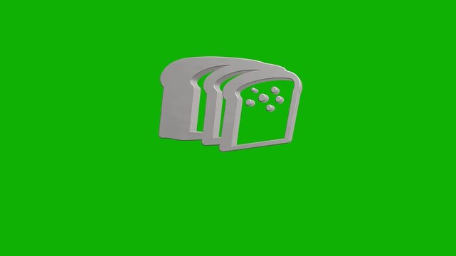 Three dimensional silver bread slice icon rotating on green screen background, keyable motion graphics template.