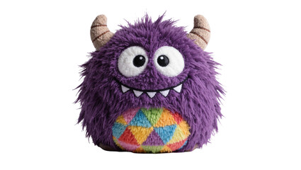 Fluffy purple monster toy with horns and rainbow belly, isolated on transparent background © Mia