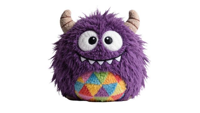 Fluffy purple monster toy with horns and rainbow belly, isolated on transparent background