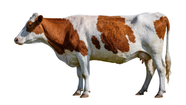 Brown and white spotted dairy cow standing, isolated on transparent background