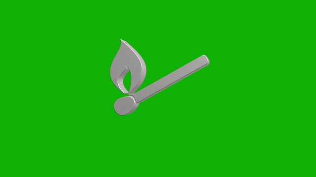 Metallic match stick with flame rotating on green screen background 3D animation.