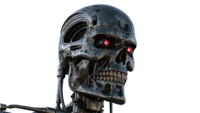 Detailed metallic cyborg skull with glowing red eyes, isolated on transparent background