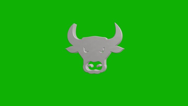 Rotating 3D metallic bull head icon with sharp horns on green screen background, seamless loop motion graphic for finance and animation.