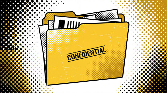 A yellow file folder with documents inside is stamped with the word "CONFIDENTIAL" and set against a striking black and gold halftone pattern.