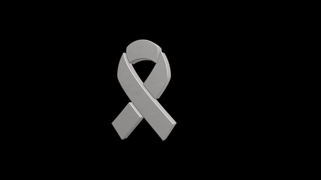 Grey awareness ribbon rotating in 3D for medical campaigns and support causes against black background.