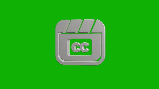 3d silver closed caption symbol rotating against green screen background for video subtitle interface element.