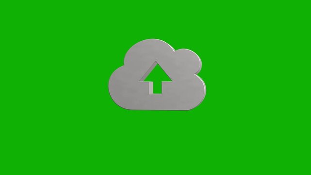 Three dimensional cloud upload icon rotating on green screen background, keyable motion graphics element.