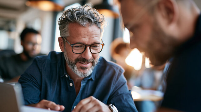 A management accountant and one customer appear in an environmental wide shot from a side view with deep focus, comparing choices on a printed cash flow worksheet in the