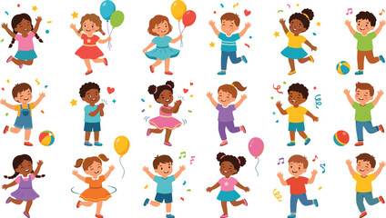 Fototapeta premium Happy Cartoon Children Jumping and Celebrating with Balloons, Balls, Music Notes, Confetti and Colorful Party Elements