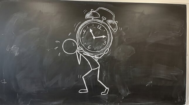 Stick figure struggling to lift a large clock drawn on a black chalkboard illustrating time pressure