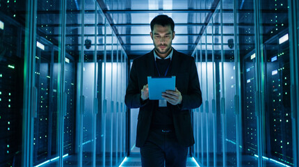 Fototapeta premium Focused professional engineer reviewing tablet device in modern data center environment with intense concentration and serious emotion