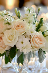 Fototapeta premium A vase filled with white flowers sits on a table. vertical frame