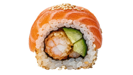 Fresh salmon sushi roll with fried shrimp and cucumber, isolated on transparent background © Mia