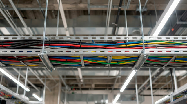 Colorful cables organized in overhead tray with bright lighting in modern industrial space. Colorful cables include red, blue, green, and yellow,
