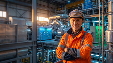 Fototapeta premium Happy senior engineer wearing protective helmet and orange uniform feels confident standing in energy facility plant floor background