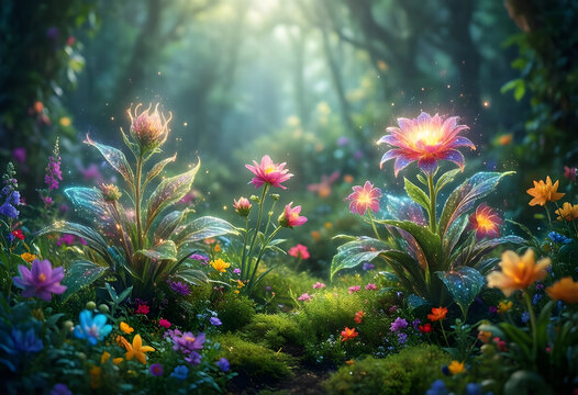 Enchanted forest magic, glowing flowers and bioluminescent plants in a mystical woodland garden with soft sunlight and ethereal nature atmosphere