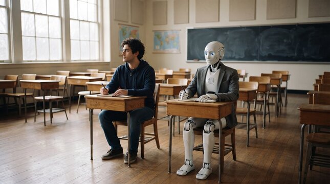 Human student and robot sit at desks in a classroom learning together