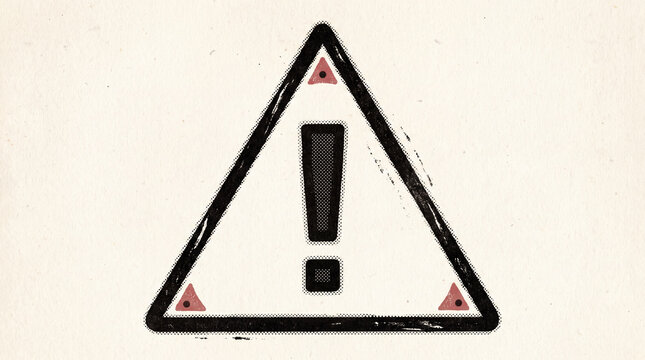 A stylized, hand-drawn warning sign with an exclamation mark inside a triangle, on a textured, off-white background.