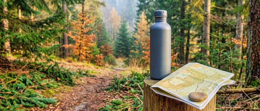 Matte grey reusable water bottle and paper navigation map on wooden tree stump along forest hiking path. Outdoor adventure, trekking equipment, pathfinding and eco friendly travel concept