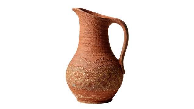 Rustic terracotta jug with textured surface and decorative patterns, isolated on transparent background