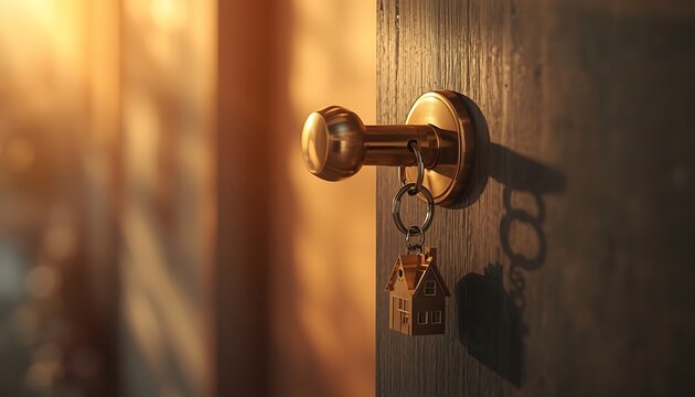 Old rustic door with house key charm